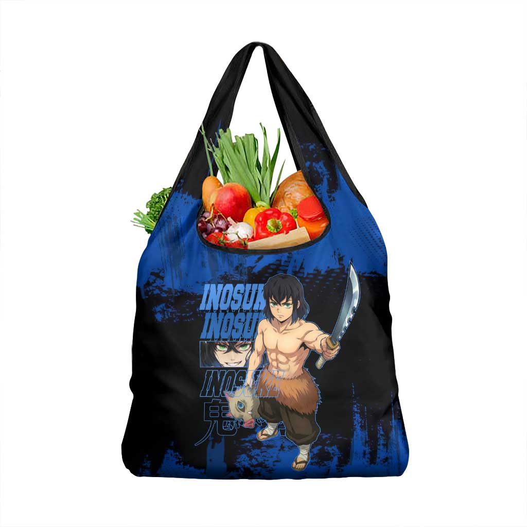 Inosuke Hashibira Demon Slayer Blue Grunge Design Grocery Bag with Boar Mask and Dual Sword Pose - The Mazicc
