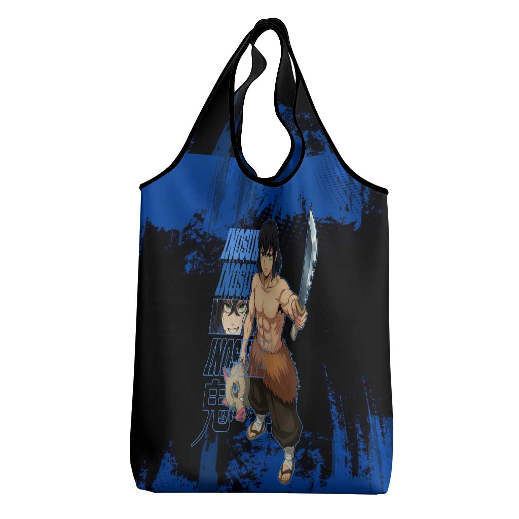 Inosuke Hashibira Demon Slayer Blue Grunge Design Grocery Bag with Boar Mask and Dual Sword Pose - The Mazicc