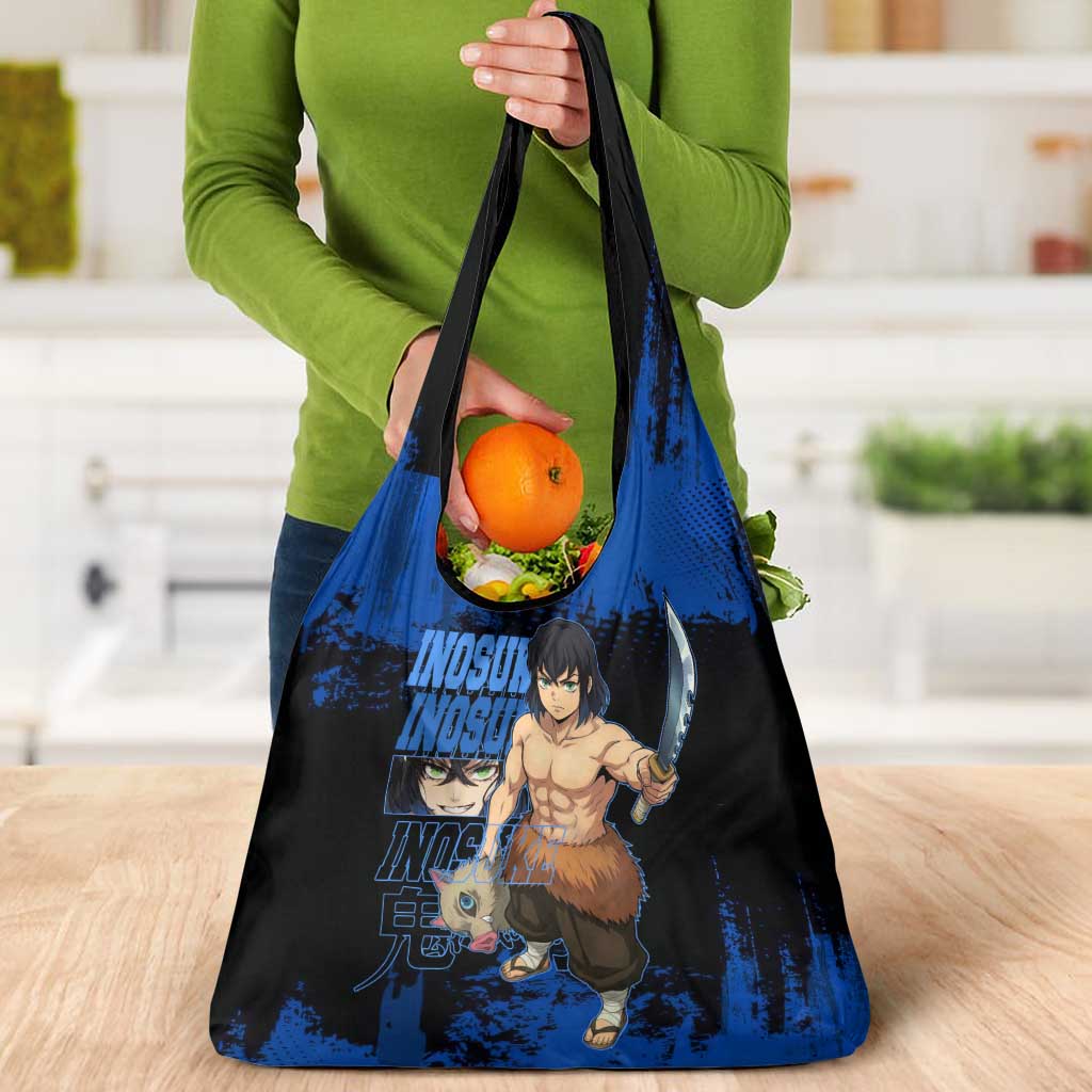 Inosuke Hashibira Demon Slayer Blue Grunge Design Grocery Bag with Boar Mask and Dual Sword Pose - The Mazicc