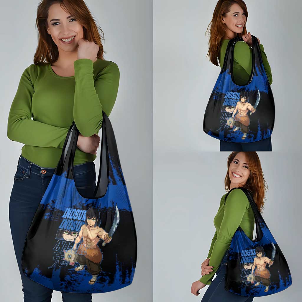Inosuke Hashibira Demon Slayer Blue Grunge Design Grocery Bag with Boar Mask and Dual Sword Pose - The Mazicc