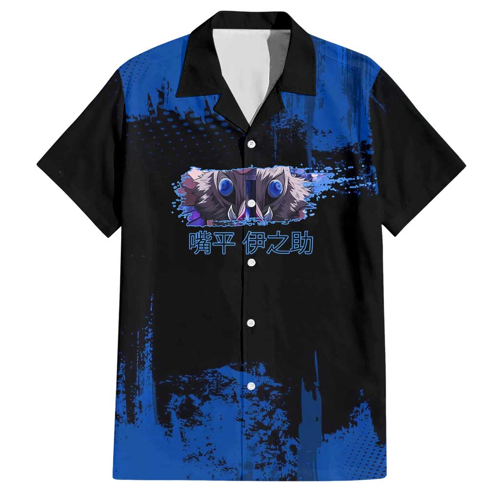 Inosuke Hashibira Demon Slayer Blue Grunge Design Hawaiian Shirt with Boar Mask and Dual Sword Pose - The Mazicc