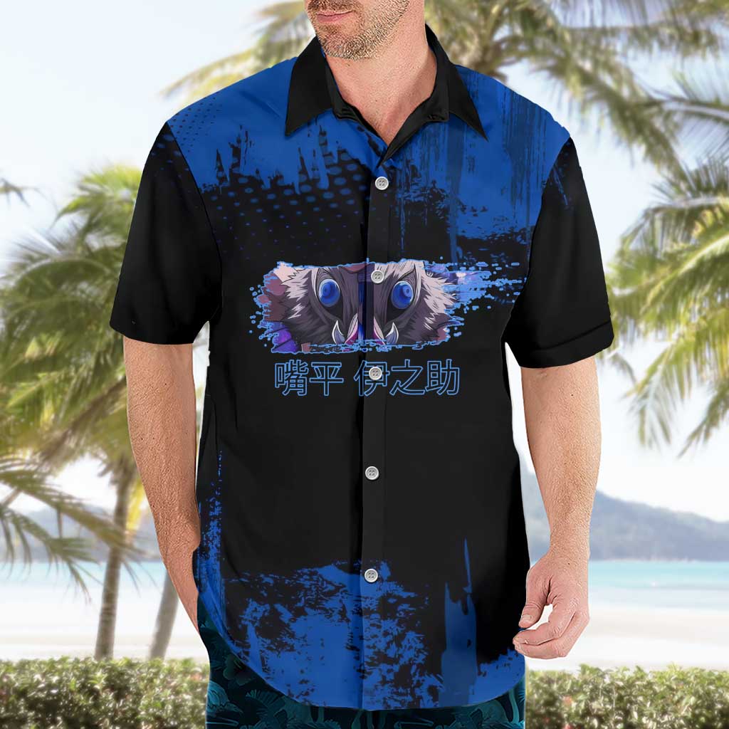 Inosuke Hashibira Demon Slayer Blue Grunge Design Hawaiian Shirt with Boar Mask and Dual Sword Pose - The Mazicc
