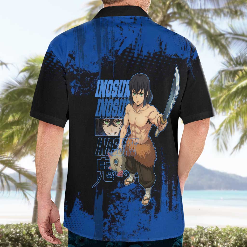 Inosuke Hashibira Demon Slayer Blue Grunge Design Hawaiian Shirt with Boar Mask and Dual Sword Pose - The Mazicc