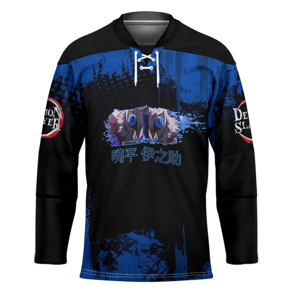 Inosuke Hashibira Demon Slayer Blue Grunge Design Hockey Jersey with Boar Mask and Dual Sword Pose - The Mazicc