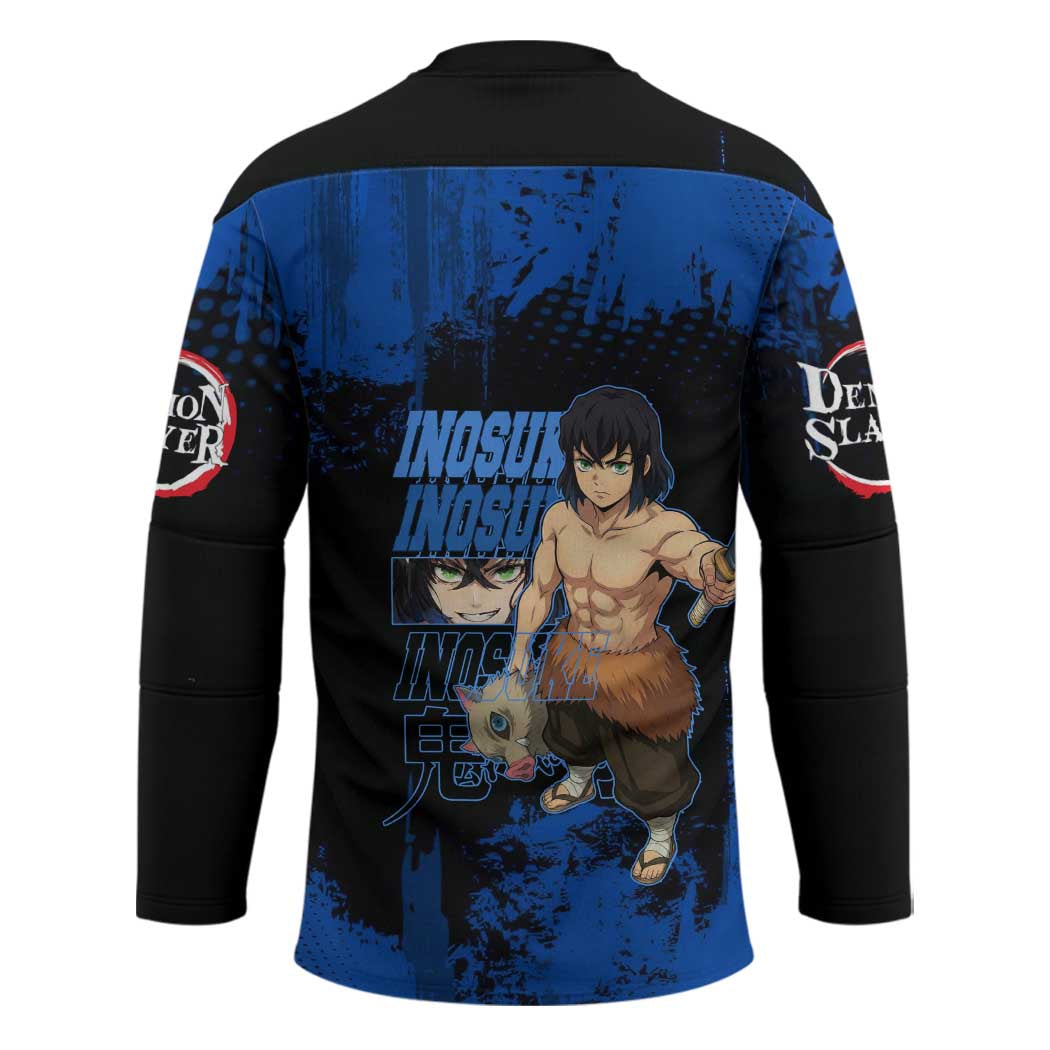 Inosuke Hashibira Demon Slayer Blue Grunge Design Hockey Jersey with Boar Mask and Dual Sword Pose - The Mazicc