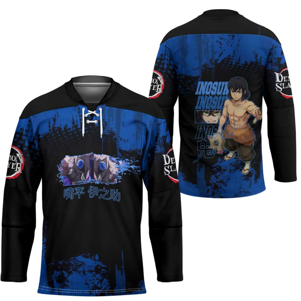 Inosuke Hashibira Demon Slayer Blue Grunge Design Hockey Jersey with Boar Mask and Dual Sword Pose - The Mazicc