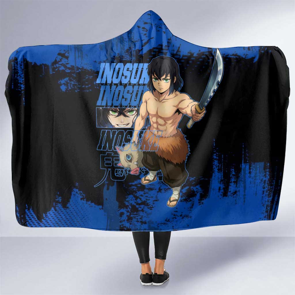 Inosuke Hashibira Demon Slayer Blue Grunge Design Hooded Blanket with Boar Mask and Dual Sword Pose - The Mazicc