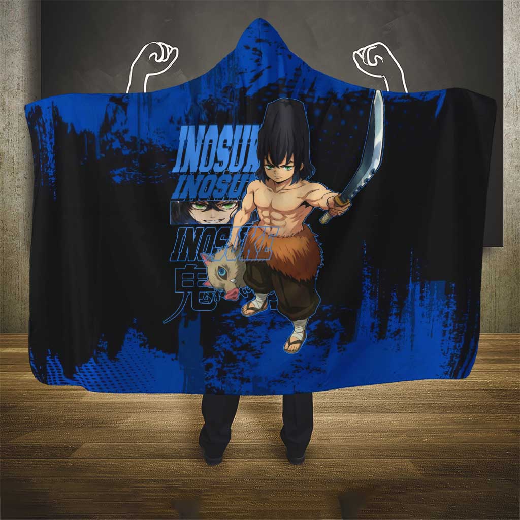 Inosuke Hashibira Demon Slayer Blue Grunge Design Hooded Blanket with Boar Mask and Dual Sword Pose - The Mazicc