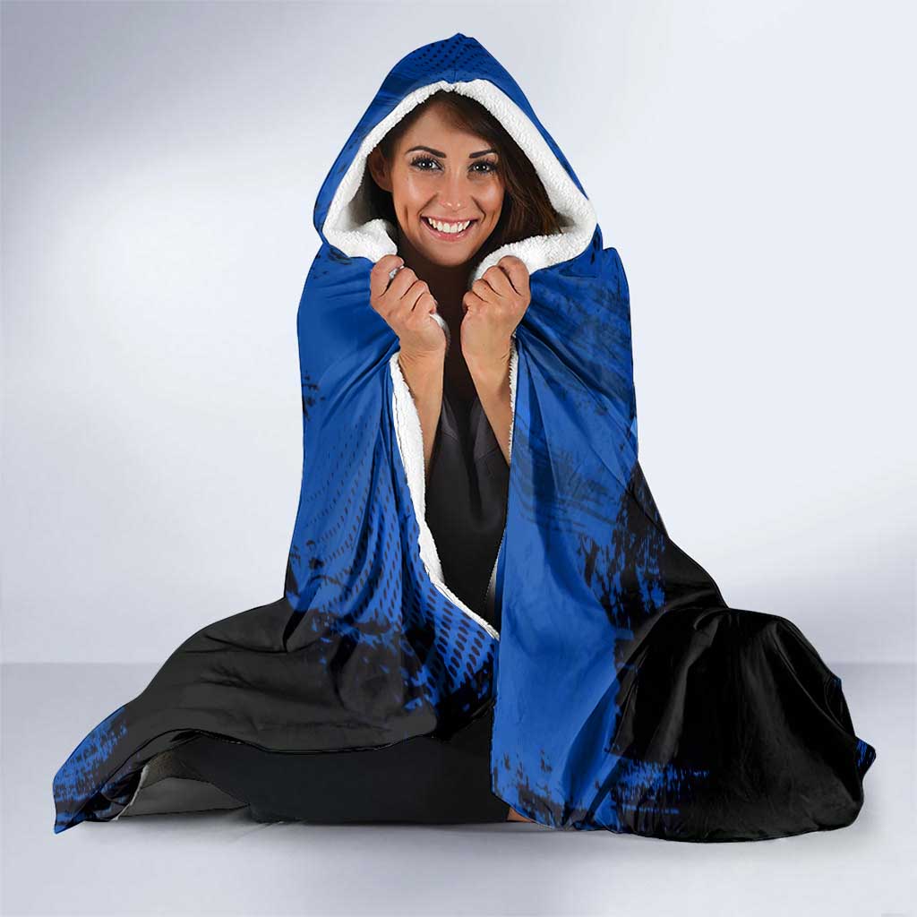 Inosuke Hashibira Demon Slayer Blue Grunge Design Hooded Blanket with Boar Mask and Dual Sword Pose - The Mazicc