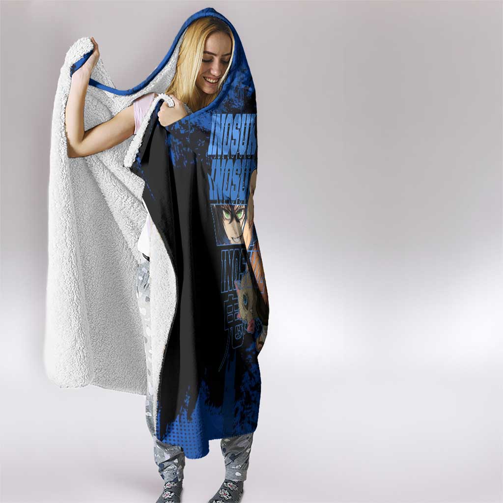 Inosuke Hashibira Demon Slayer Blue Grunge Design Hooded Blanket with Boar Mask and Dual Sword Pose - The Mazicc