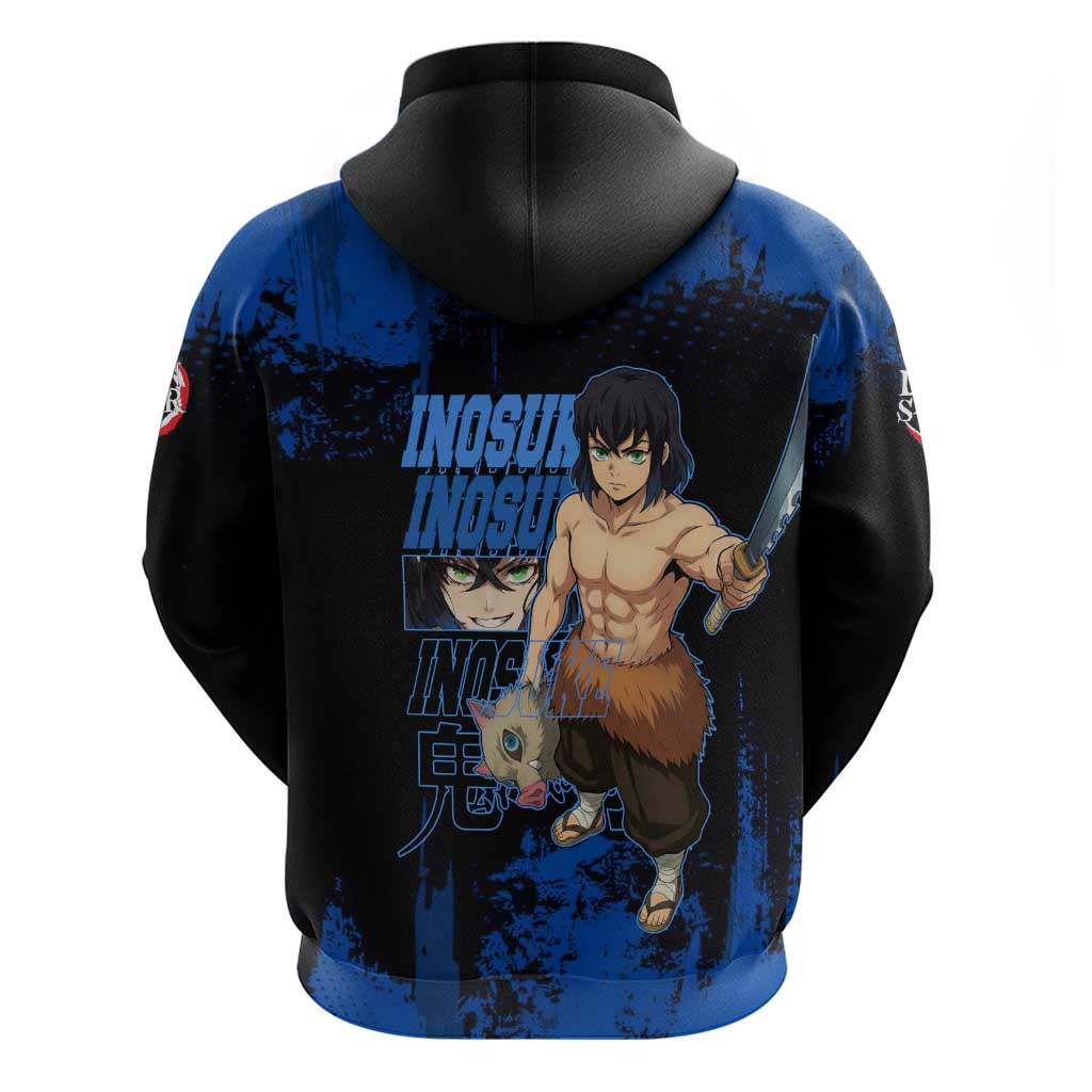 Inosuke Hashibira Demon Slayer Blue Grunge Design Hoodie with Boar Mask and Dual Sword Pose - The Mazicc