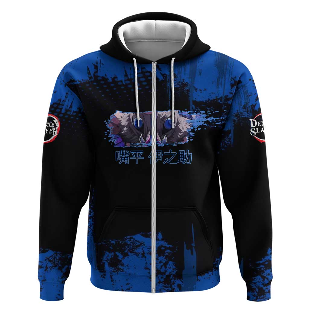 Inosuke Hashibira Demon Slayer Blue Grunge Design Hoodie with Boar Mask and Dual Sword Pose - The Mazicc