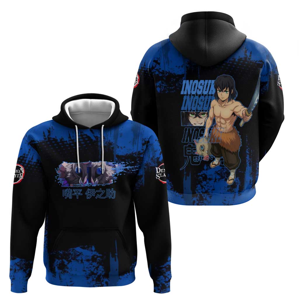 Inosuke Hashibira Demon Slayer Blue Grunge Design Hoodie with Boar Mask and Dual Sword Pose - The Mazicc