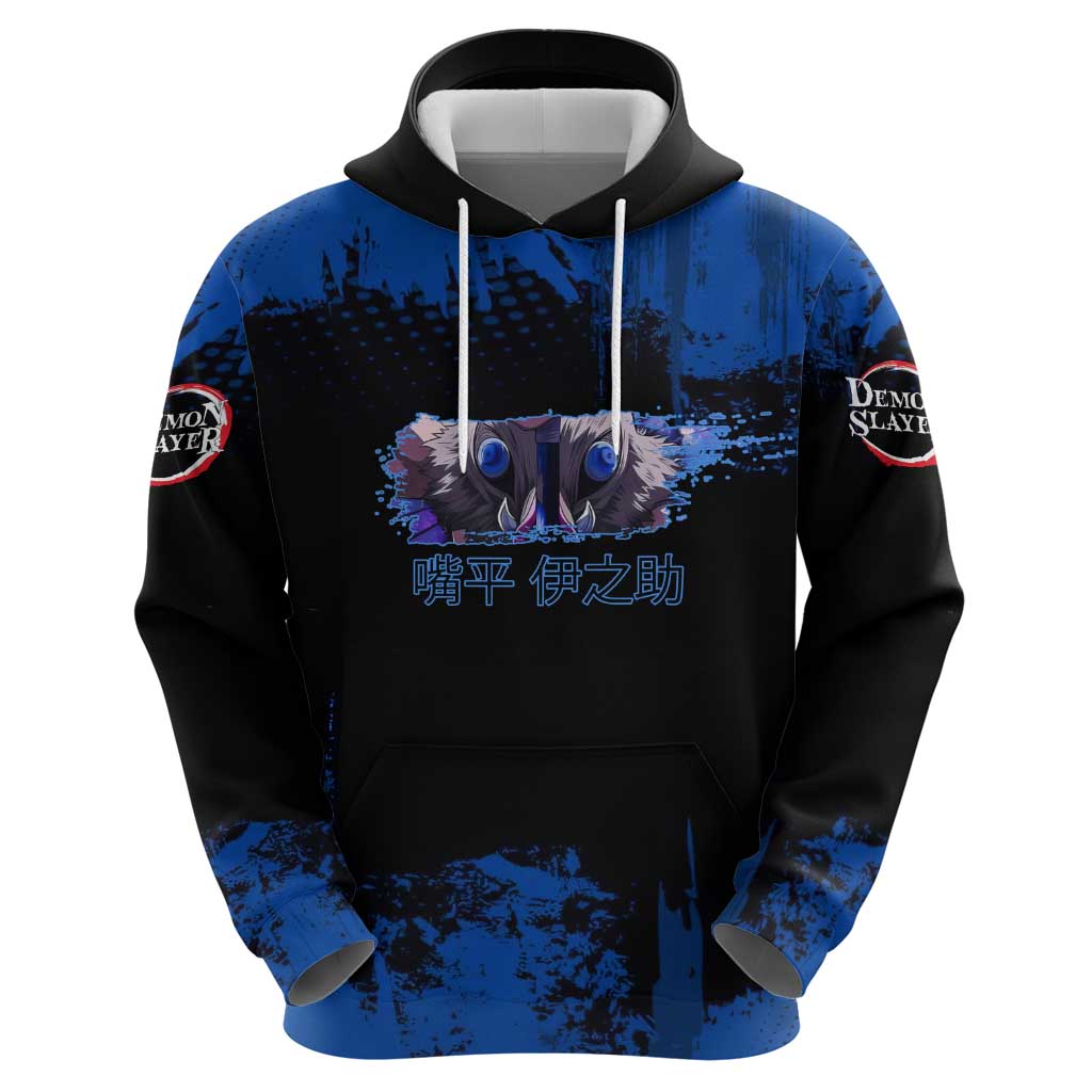 Inosuke Hashibira Demon Slayer Blue Grunge Design Hoodie with Boar Mask and Dual Sword Pose - The Mazicc