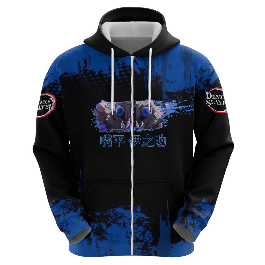 Inosuke Hashibira Demon Slayer Blue Grunge Design Hoodie with Boar Mask and Dual Sword Pose - The Mazicc