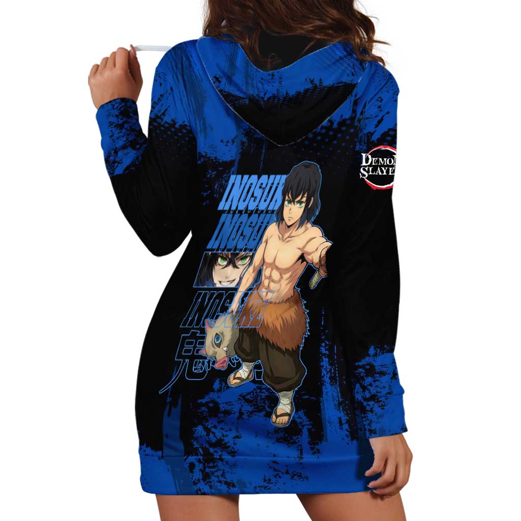 Inosuke Hashibira Demon Slayer Blue Grunge Design Hoodie Dress with Boar Mask and Dual Sword Pose - The Mazicc