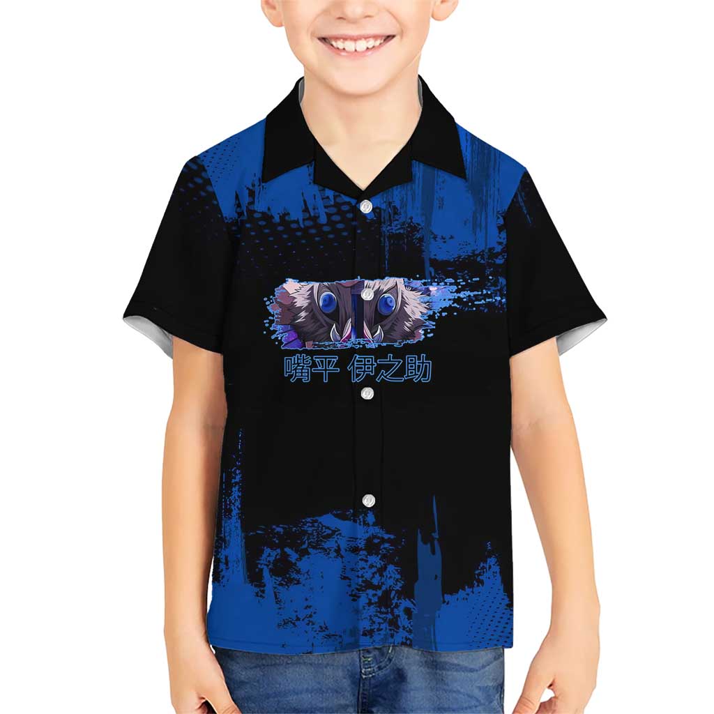 Inosuke Hashibira Demon Slayer Blue Grunge Design Kid Hawaiian Shirt with Boar Mask and Dual Sword Pose - The Mazicc