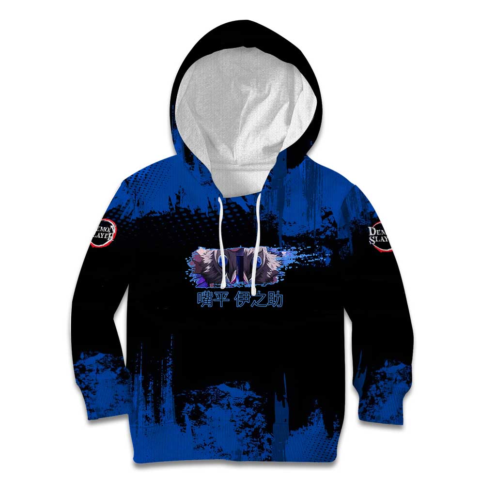 Inosuke Hashibira Demon Slayer Blue Grunge Design Kid Hoodie with Boar Mask and Dual Sword Pose - The Mazicc