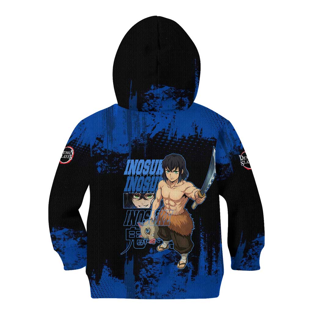 Inosuke Hashibira Demon Slayer Blue Grunge Design Kid Hoodie with Boar Mask and Dual Sword Pose - The Mazicc