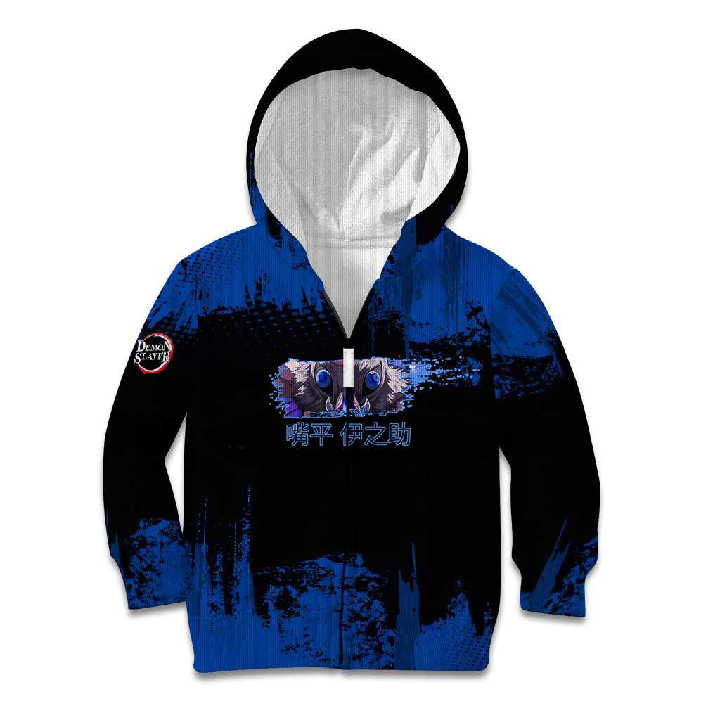 Inosuke Hashibira Demon Slayer Blue Grunge Design Kid Hoodie with Boar Mask and Dual Sword Pose - The Mazicc