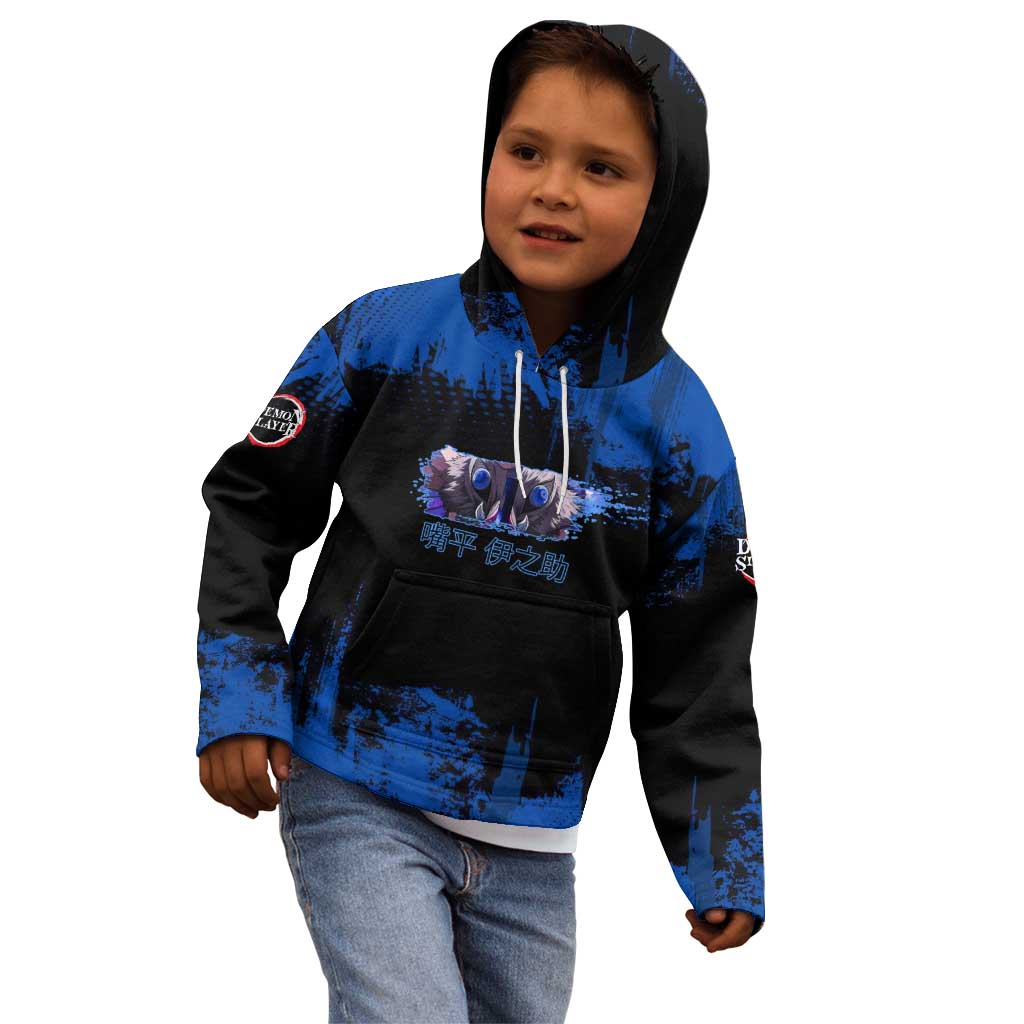 Inosuke Hashibira Demon Slayer Blue Grunge Design Kid Hoodie with Boar Mask and Dual Sword Pose - The Mazicc