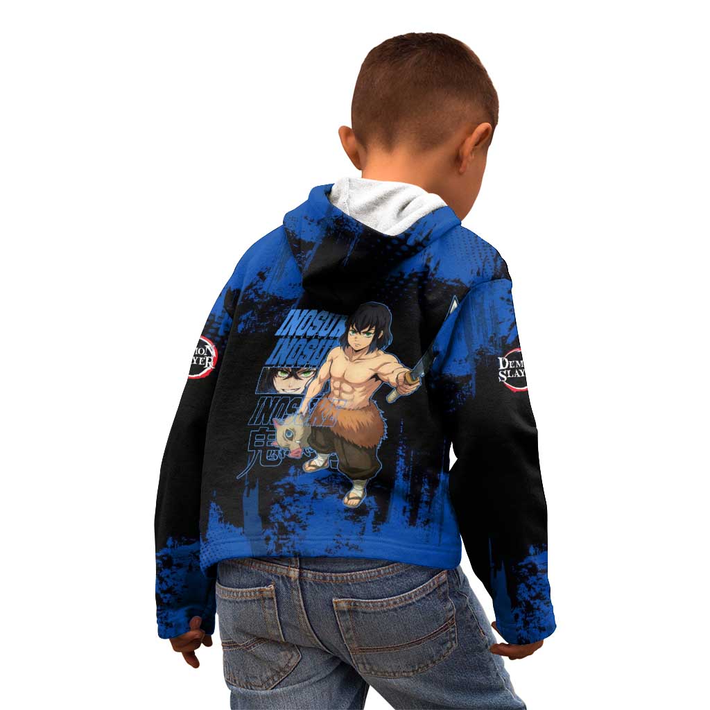 Inosuke Hashibira Demon Slayer Blue Grunge Design Kid Hoodie with Boar Mask and Dual Sword Pose - The Mazicc