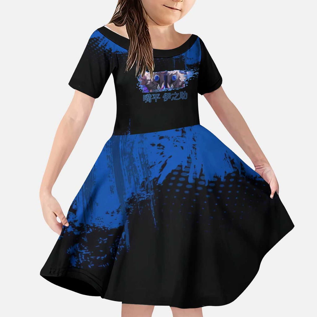 Inosuke Hashibira Demon Slayer Blue Grunge Design Kid Short Sleeve Dress with Boar Mask and Dual Sword Pose - The Mazicc