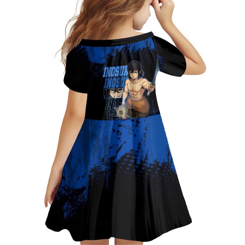 Inosuke Hashibira Demon Slayer Blue Grunge Design Kid Short Sleeve Dress with Boar Mask and Dual Sword Pose - The Mazicc