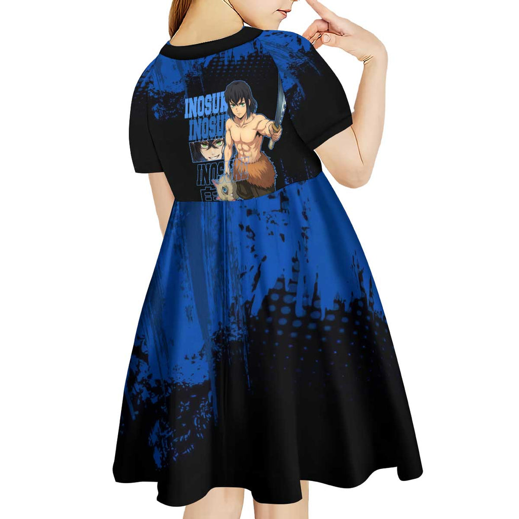 Inosuke Hashibira Demon Slayer Blue Grunge Design Kid Short Sleeve Dress with Boar Mask and Dual Sword Pose - The Mazicc