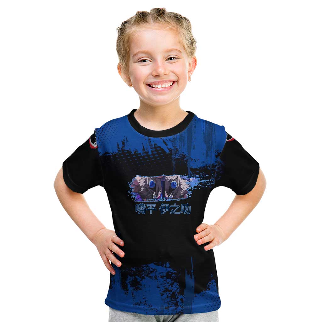 Inosuke Hashibira Demon Slayer Blue Grunge Design Kid T Shirt with Boar Mask and Dual Sword Pose - The Mazicc