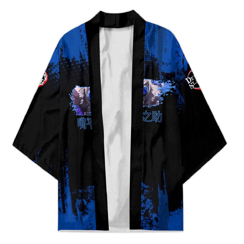 Inosuke Hashibira Demon Slayer Blue Grunge Design Kimono with Boar Mask and Dual Sword Pose - The Mazicc
