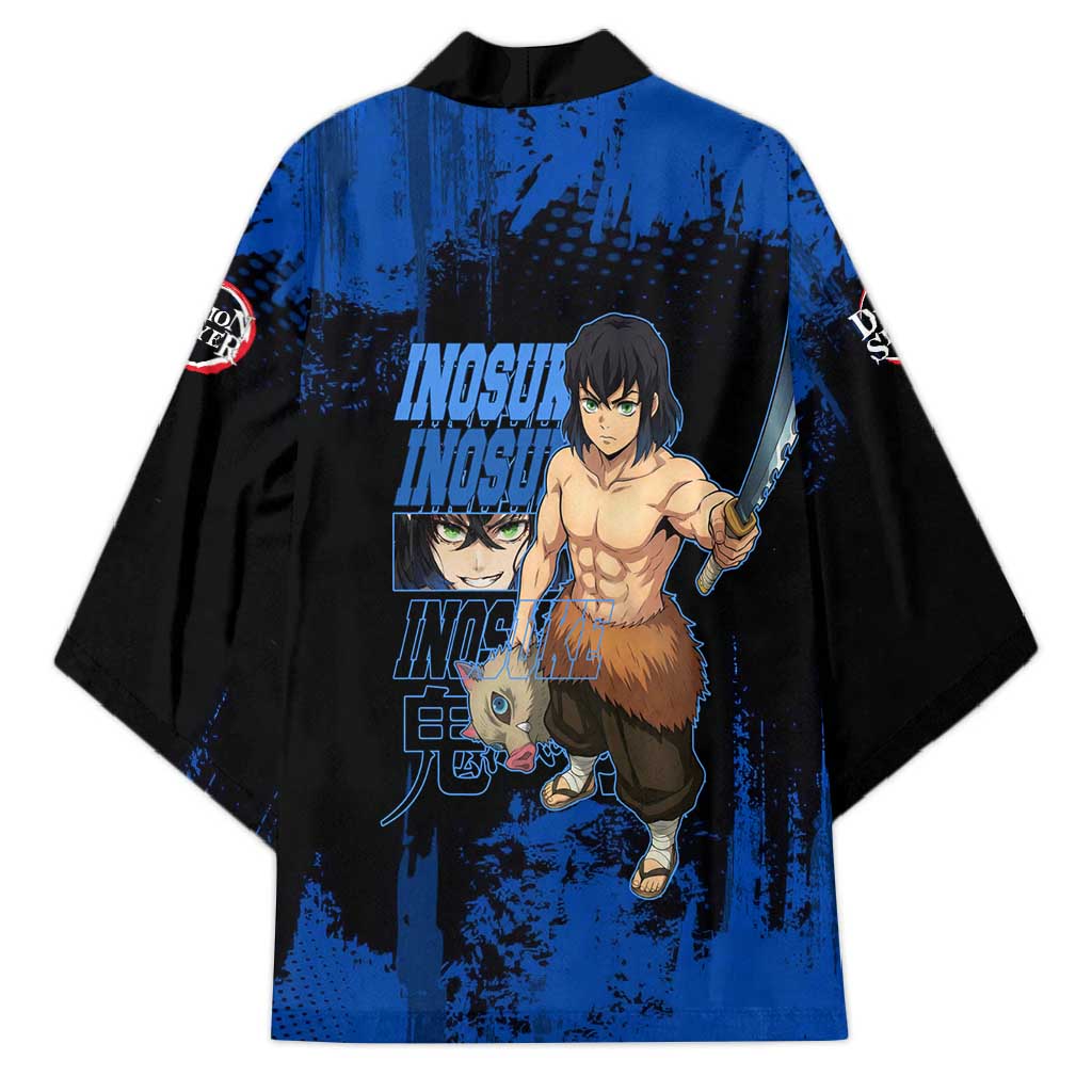 Inosuke Hashibira Demon Slayer Blue Grunge Design Kimono with Boar Mask and Dual Sword Pose - The Mazicc