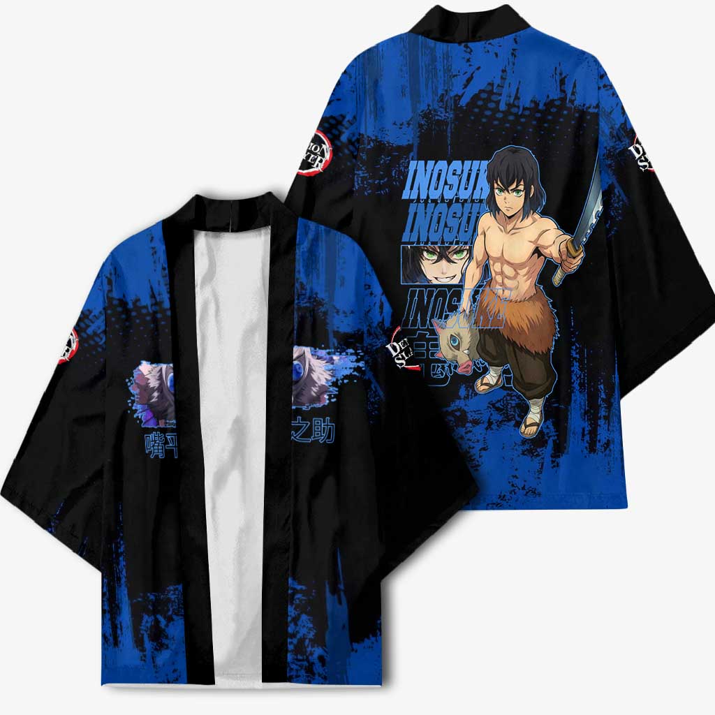 Inosuke Hashibira Demon Slayer Blue Grunge Design Kimono with Boar Mask and Dual Sword Pose - The Mazicc