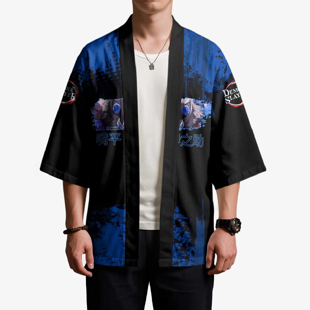 Inosuke Hashibira Demon Slayer Blue Grunge Design Kimono with Boar Mask and Dual Sword Pose - The Mazicc