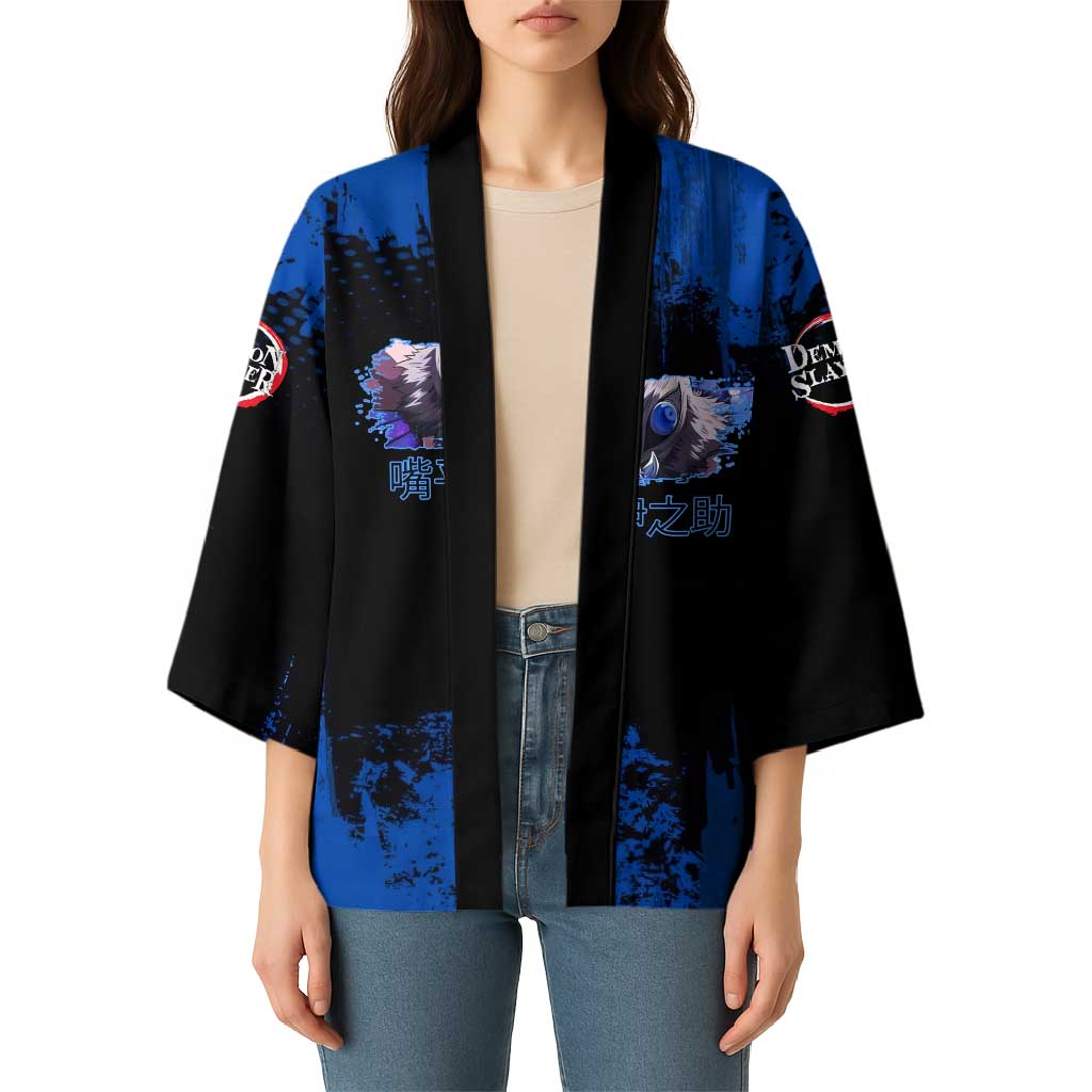 Inosuke Hashibira Demon Slayer Blue Grunge Design Kimono with Boar Mask and Dual Sword Pose - The Mazicc