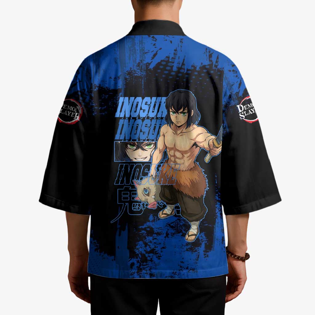 Inosuke Hashibira Demon Slayer Blue Grunge Design Kimono with Boar Mask and Dual Sword Pose - The Mazicc