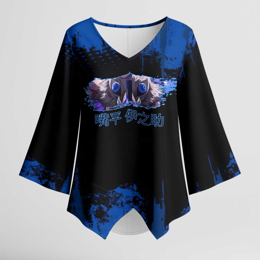 Inosuke Hashibira Demon Slayer Blue Grunge Design Kimono Sleeve Blouse with Boar Mask and Dual Sword Pose - The Mazicc