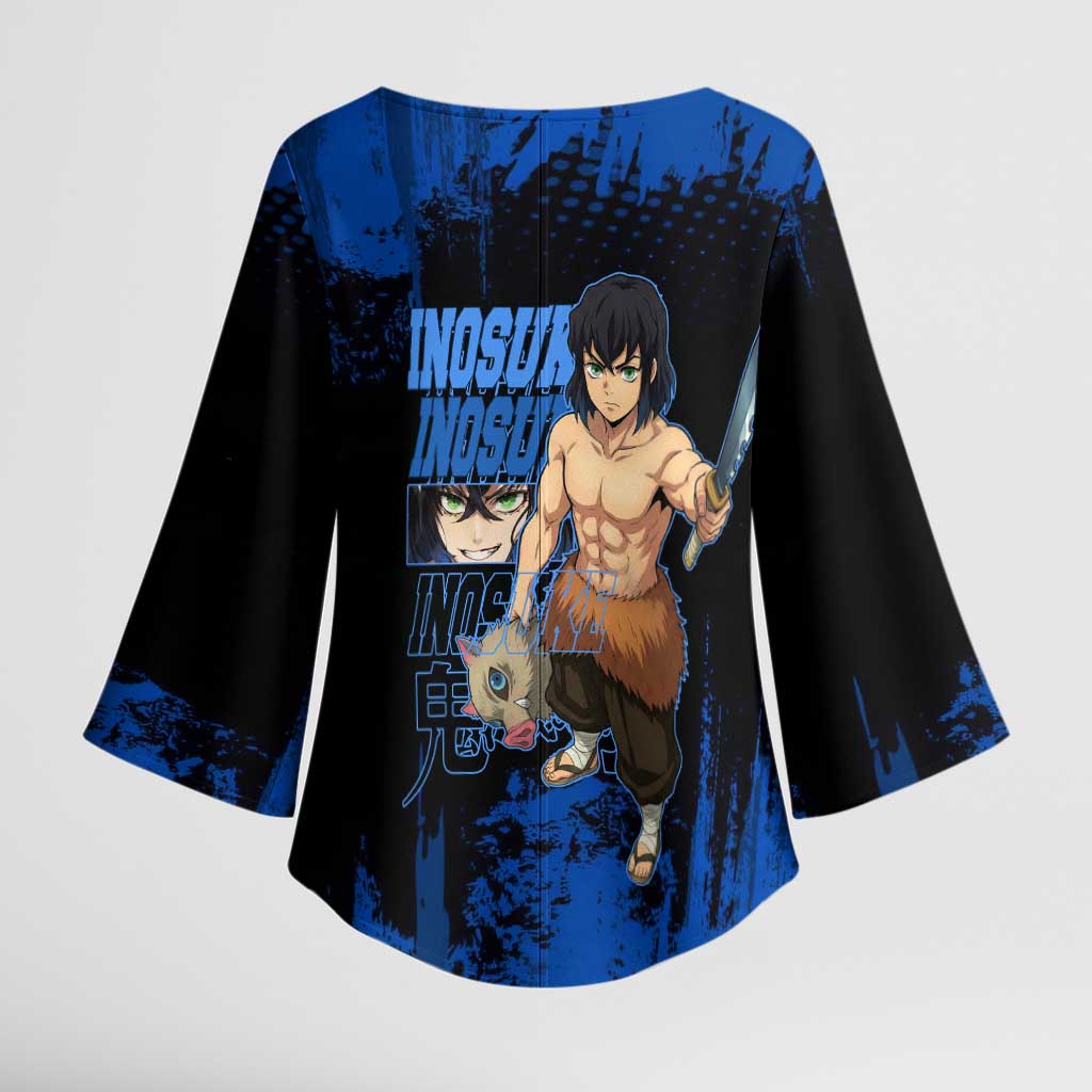 Inosuke Hashibira Demon Slayer Blue Grunge Design Kimono Sleeve Blouse with Boar Mask and Dual Sword Pose - The Mazicc