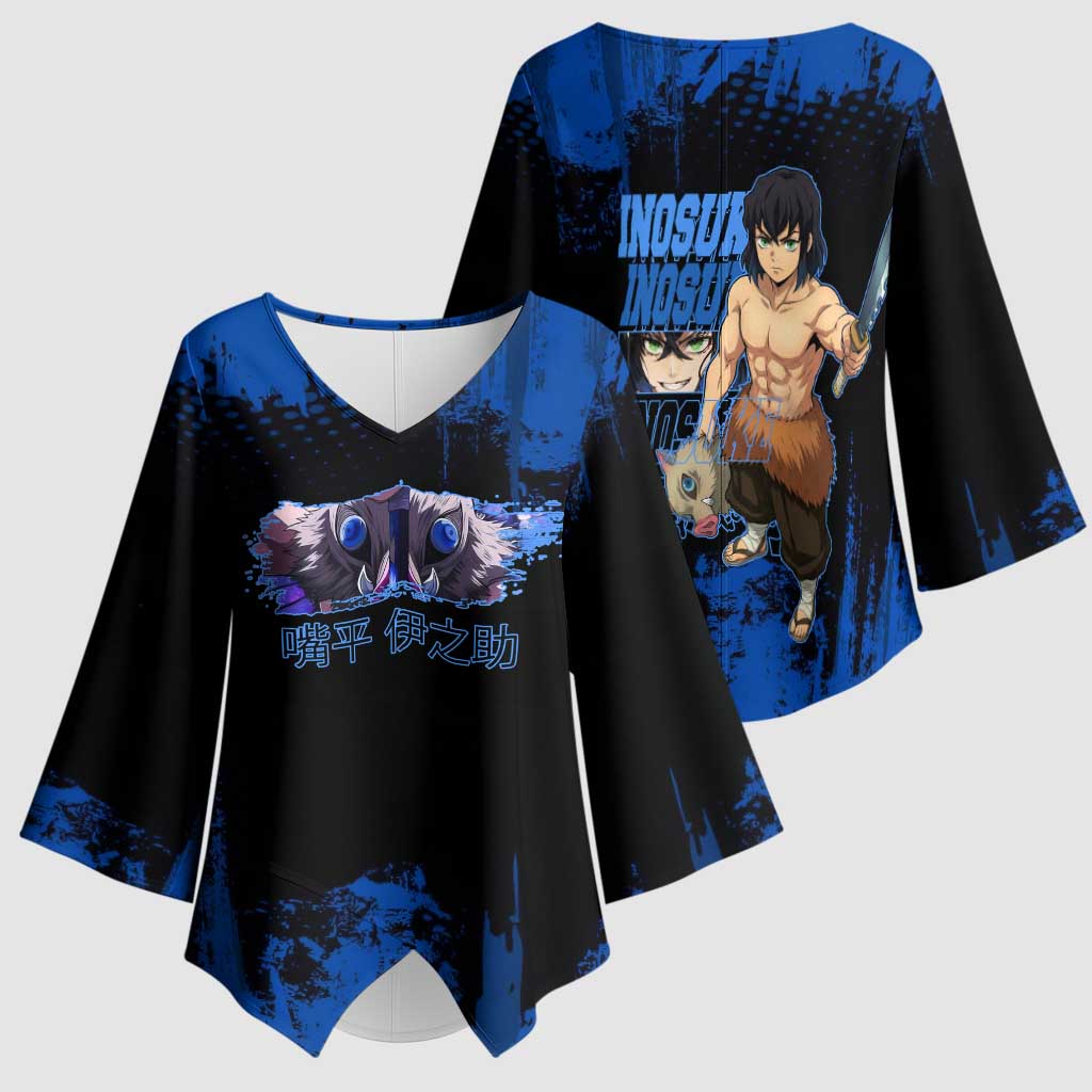 Inosuke Hashibira Demon Slayer Blue Grunge Design Kimono Sleeve Blouse with Boar Mask and Dual Sword Pose - The Mazicc