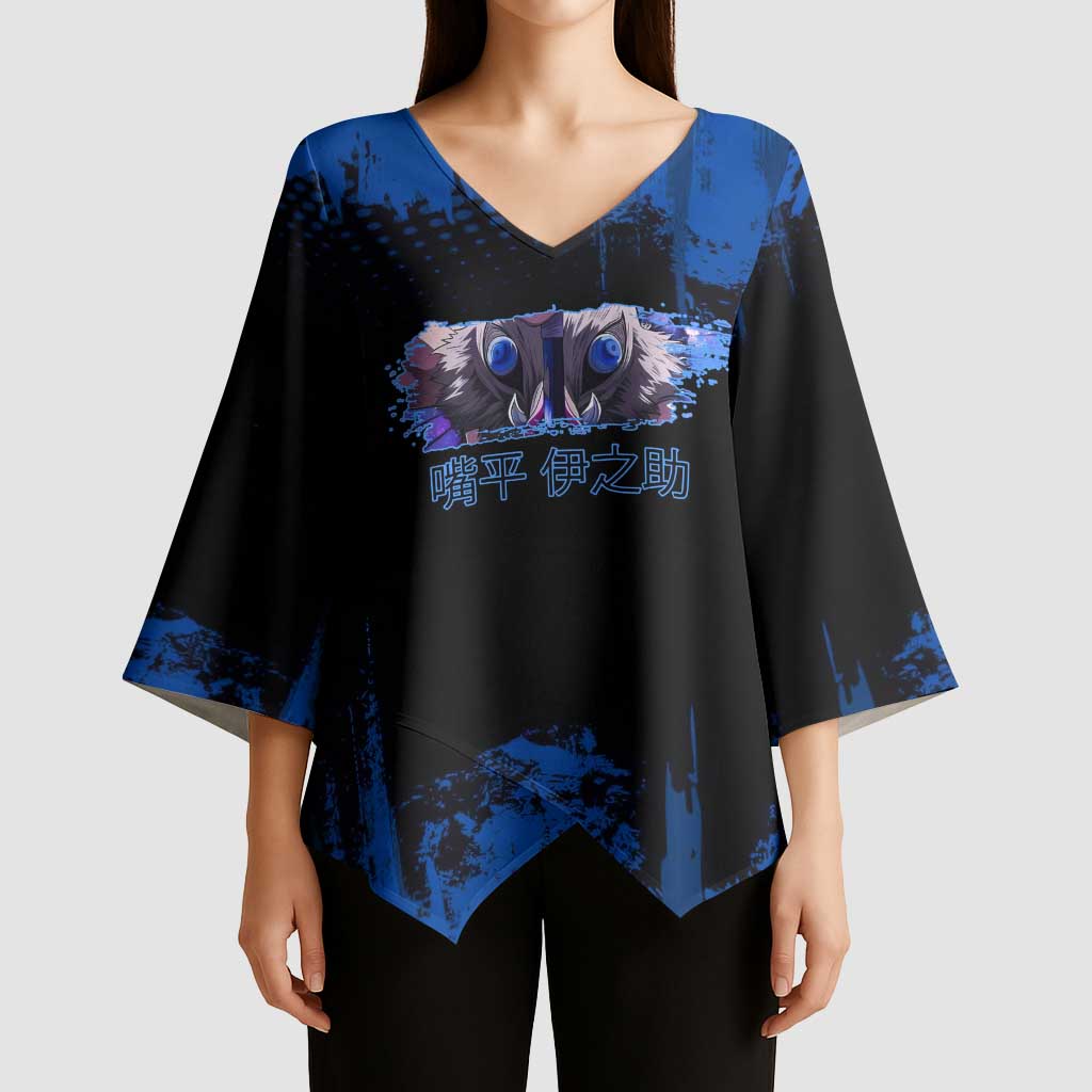 Inosuke Hashibira Demon Slayer Blue Grunge Design Kimono Sleeve Blouse with Boar Mask and Dual Sword Pose - The Mazicc