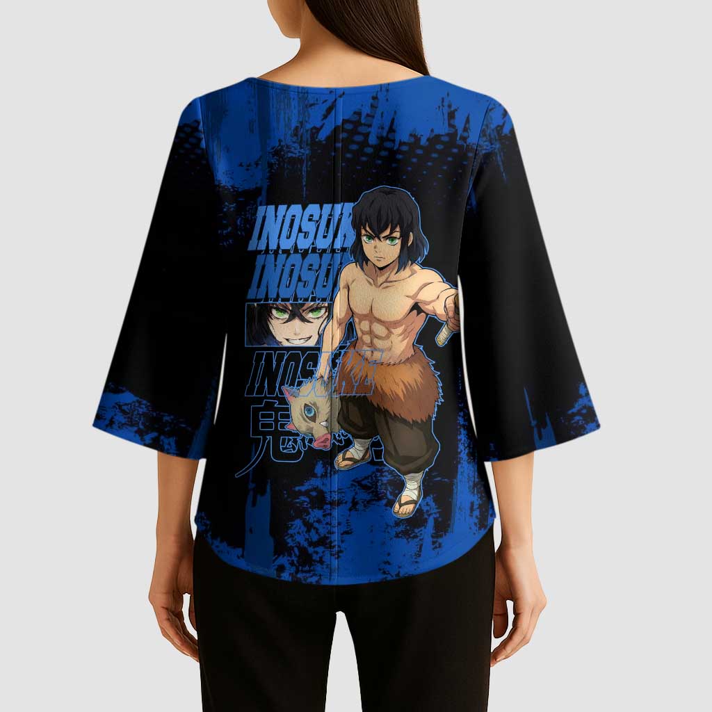 Inosuke Hashibira Demon Slayer Blue Grunge Design Kimono Sleeve Blouse with Boar Mask and Dual Sword Pose - The Mazicc