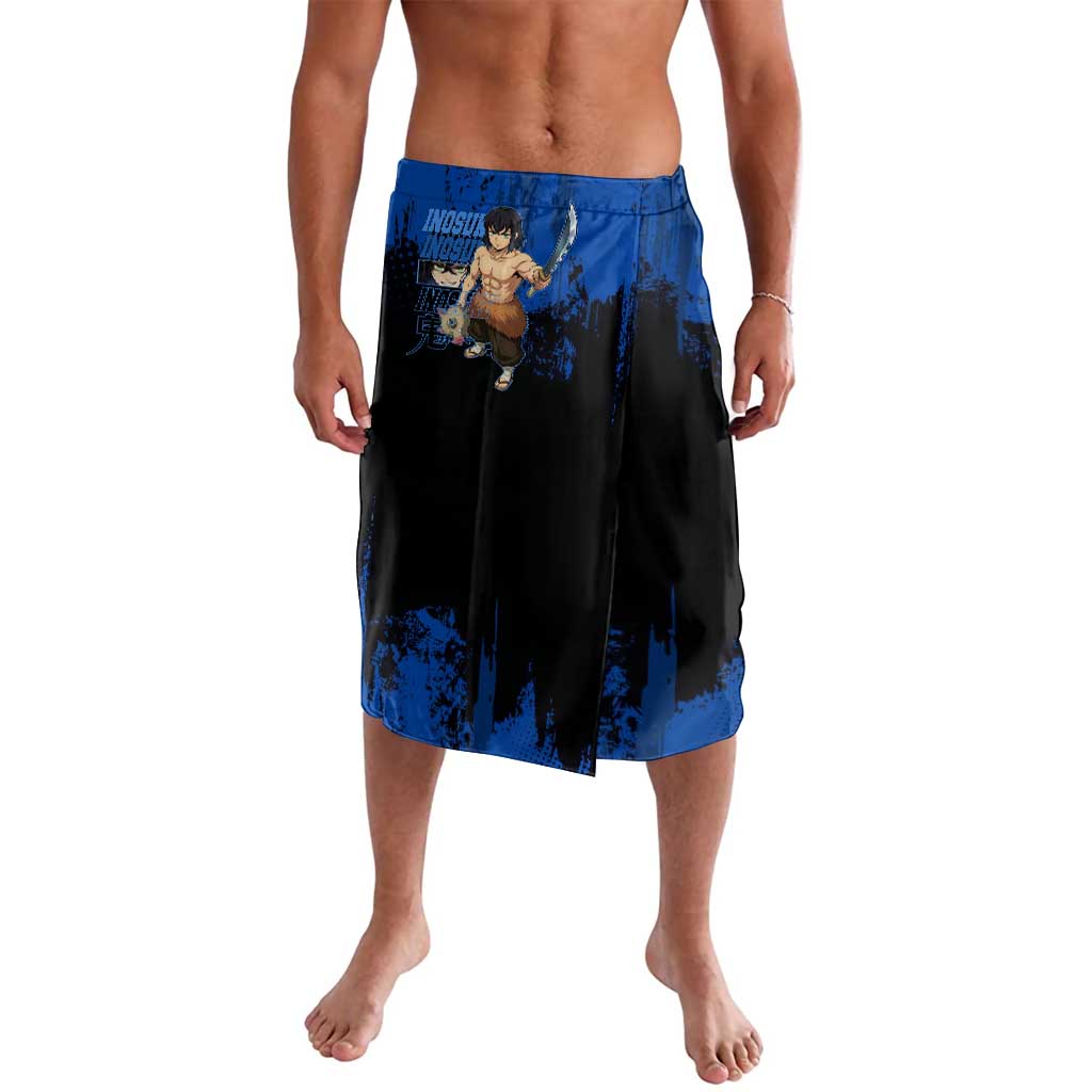 Inosuke Hashibira Demon Slayer Blue Grunge Design Lavalava with Boar Mask and Dual Sword Pose - The Mazicc