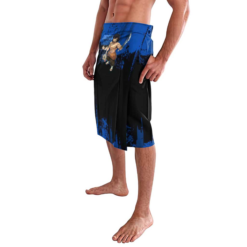 Inosuke Hashibira Demon Slayer Blue Grunge Design Lavalava with Boar Mask and Dual Sword Pose - The Mazicc