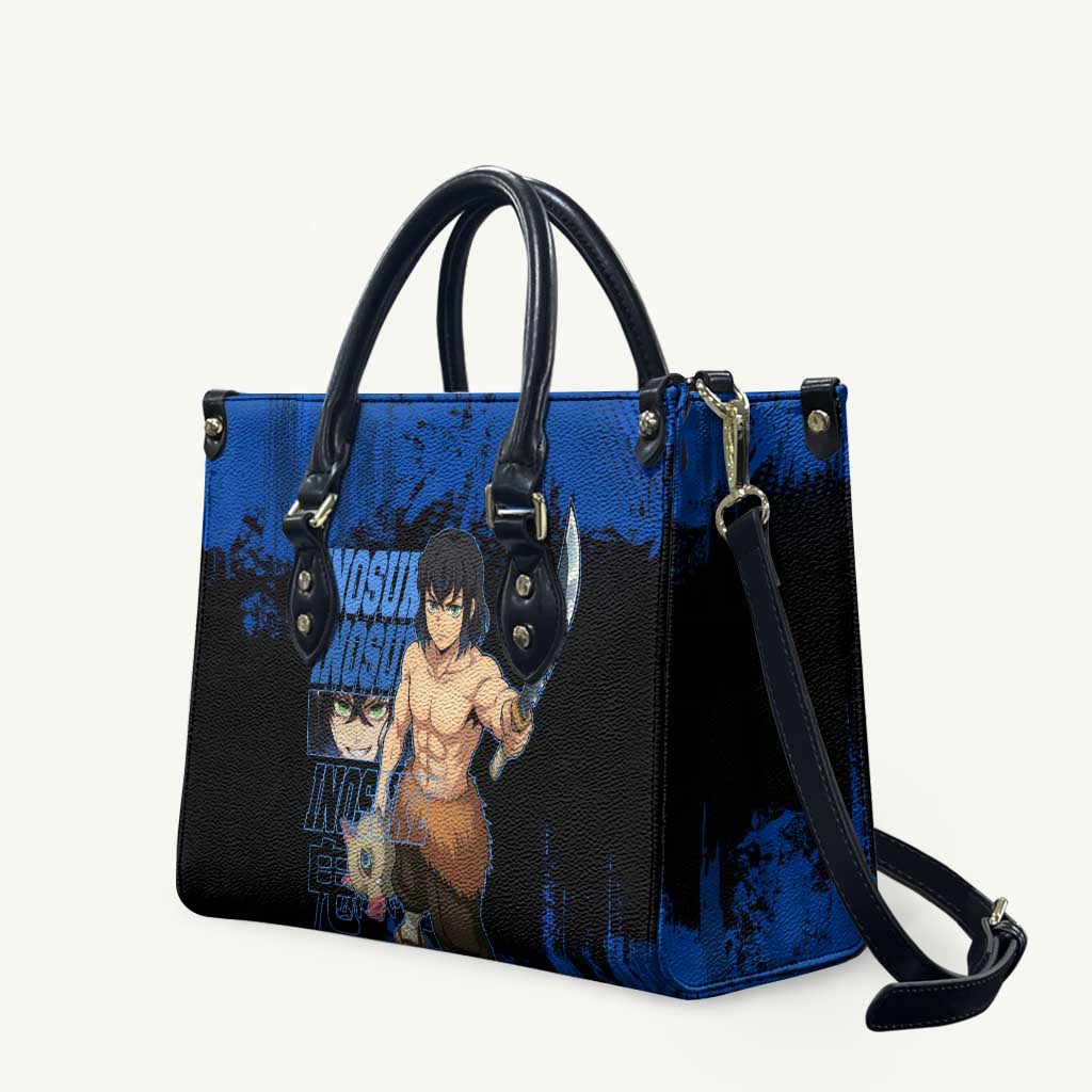 Inosuke Hashibira Demon Slayer Blue Grunge Design Leather Bag with Boar Mask and Dual Sword Pose - The Mazicc