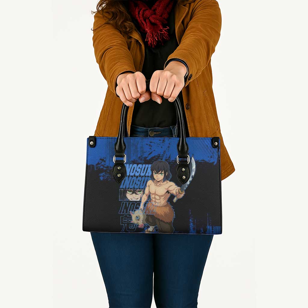 Inosuke Hashibira Demon Slayer Blue Grunge Design Leather Bag with Boar Mask and Dual Sword Pose - The Mazicc