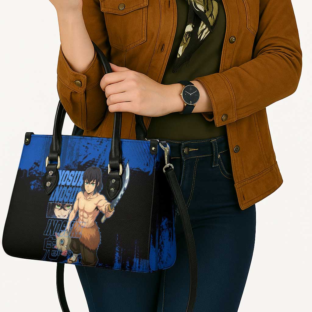 Inosuke Hashibira Demon Slayer Blue Grunge Design Leather Bag with Boar Mask and Dual Sword Pose - The Mazicc