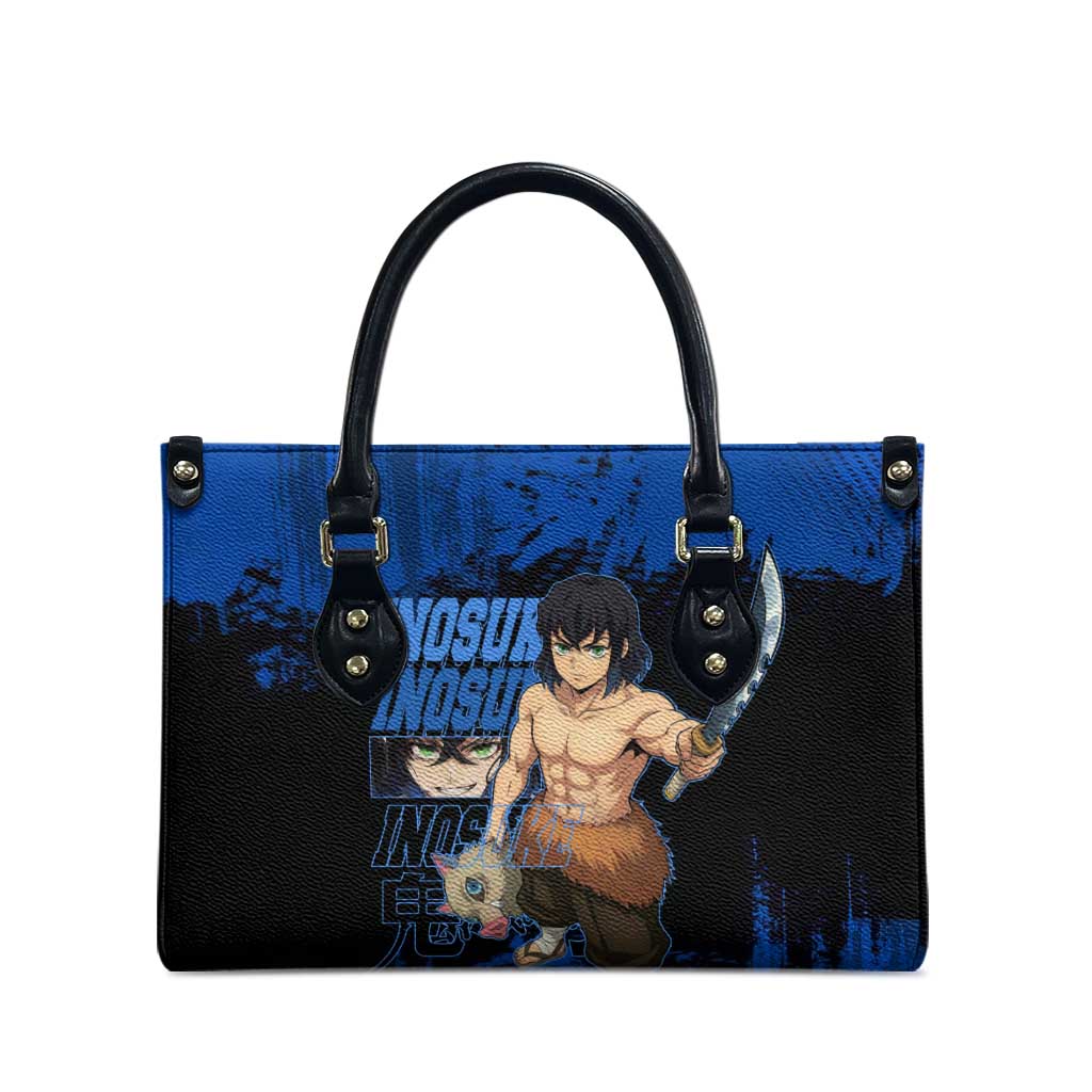 Inosuke Hashibira Demon Slayer Blue Grunge Design Leather Bag with Boar Mask and Dual Sword Pose - The Mazicc