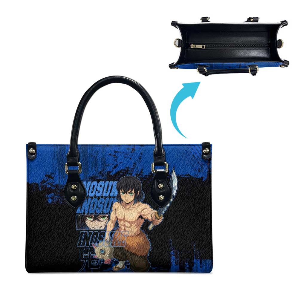 Inosuke Hashibira Demon Slayer Blue Grunge Design Leather Bag with Boar Mask and Dual Sword Pose - The Mazicc