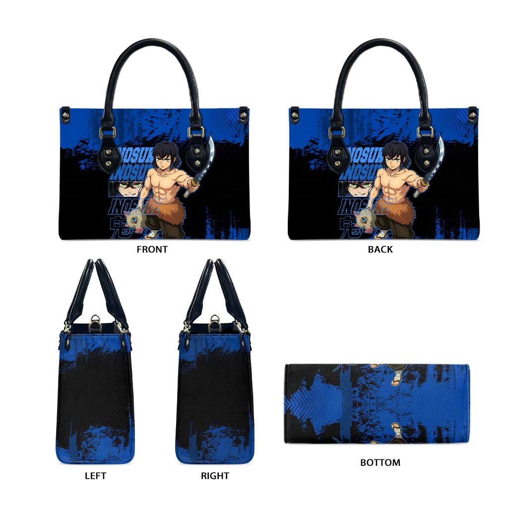 Inosuke Hashibira Demon Slayer Blue Grunge Design Leather Bag with Boar Mask and Dual Sword Pose - The Mazicc