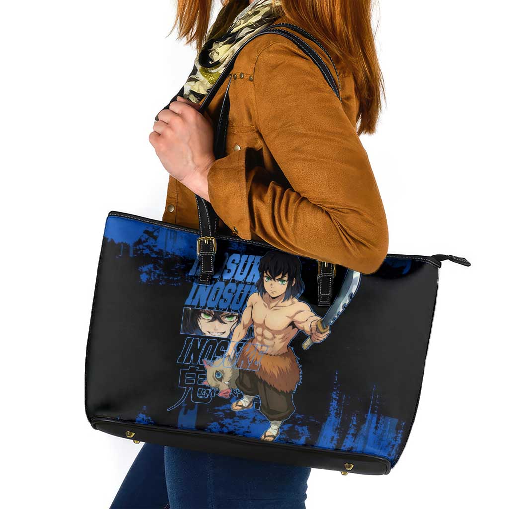 Inosuke Hashibira Demon Slayer Blue Grunge Design Leather Tote Bag with Boar Mask and Dual Sword Pose - The Mazicc